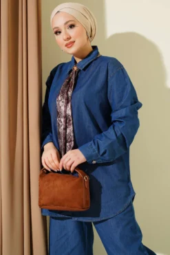 Alternative view of Collar Scarf Stone Button Denim Two-Piece Set Blue