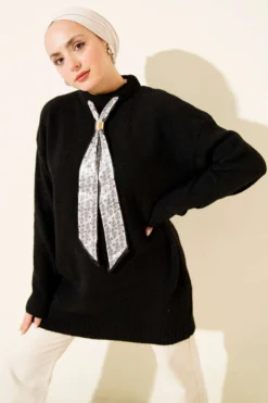 Collar Scarf Soft Knit Tunic Black