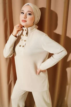 Alternative view of Neck Gold Buttoned Lounge Set Beige