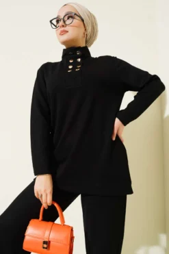 Alternative view of Neck Gold Buttoned Lounge Set Black