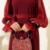 Pearl Detail Belted Evening Dress Burgundy al por mayor dress view 4 - Hicabistan fábrica Turquía