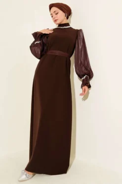 Pearl Detail Belted Evening Dress Brown Großhandel dress - Hicabistan Türkei Fabrik