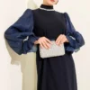 Pearl Detail Belted Evening Dress Navy Blue en gros dress view 2 - Hicabistan usine Turquie