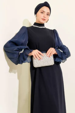 Pearl Detail Belted Evening Dress Navy Blue Großhandel dress view 2 - Hicabistan Türkei Fabrik