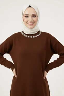 Pearl Collar Hooded Tunic Brown
