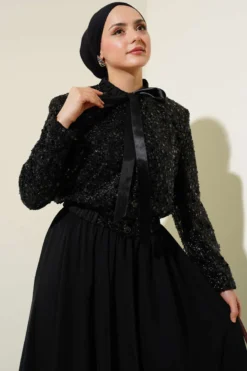 Collar Ribbon Sequin Two-Piece Set Black wholesale clothing set view 2 - Hicabistan Turkey factory