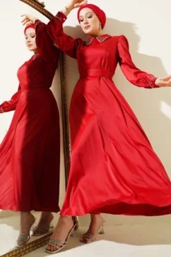 Beaded Satin Evening Dress Red