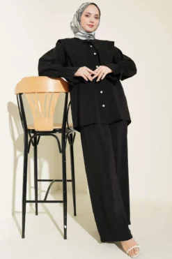 Embroidered Collar Ankle Length Modal Two-Piece Set Black all'ingrosso clothing set - Hicabistan fabbrica Turchia