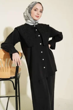 Embroidered Collar Ankle Length Modal Two-Piece Set Black all'ingrosso clothing set view 2 - Hicabistan fabbrica Turchia