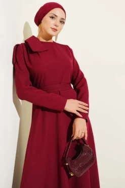 Detailed Neck Piece Evening Dress Burgundy groothandel dress view 2 - Hicabistan Turkije fabriek