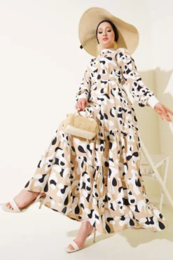 Collared Patterned Dress Beige