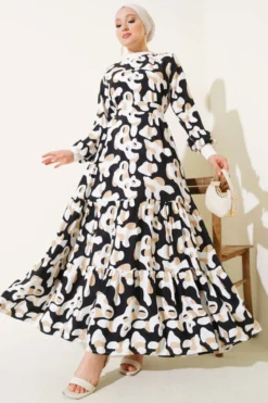 Collared Patterned Dress Black