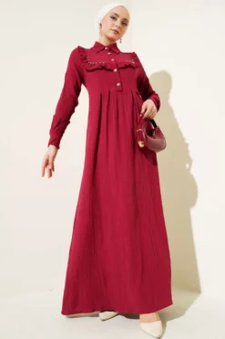 Ruffled Dress with Neckline Stones Burgundy