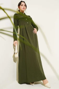 Ruffled Dress with Neckline Stones Khaki