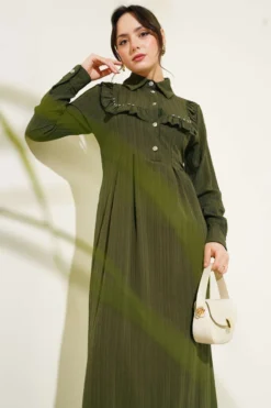 Alternative view of Ruffled Dress with Neckline Stones Khaki