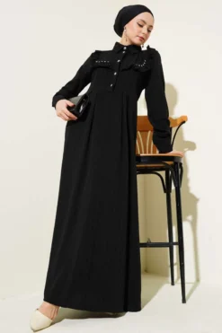 Ruffled Dress with Neckline Stones Black