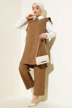 Stone-Embellished Collar Shirt and Trousers Set Camel