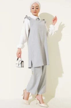 Stone-Embellished Collar Shirt and Trousers Set Grey