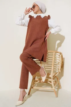 Stone-Embellished Collar Shirt and Trousers Set Brown