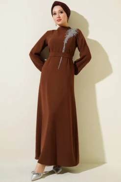 Stone-Embellished Belted Dress Brown
