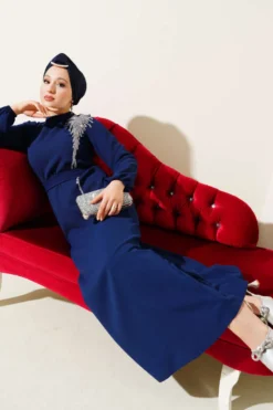 Stone-Embellished Belted Dress Navy Blue