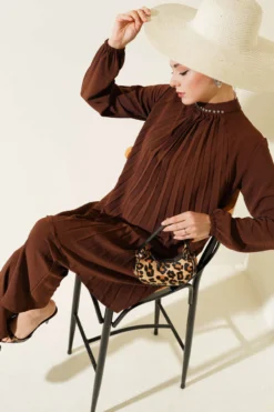 Collared Stone-Embellished Pleated Tunic Set Brown