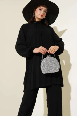 Alternative view of Collared Stone-Embellished Pleated Tunic Set Black