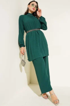 Collared Stone-Embellished Pleated Tunic Set Emerald