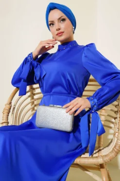 Satin Dress with Stone-Embellished Collar and Sleeves