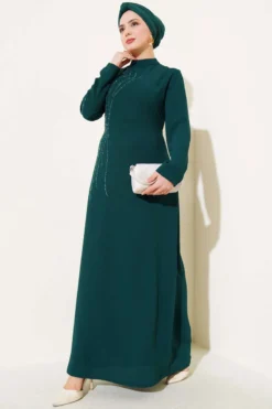 Plus Size Crepe Dress with Stone-Embellished Neck and Shoulders Emerald