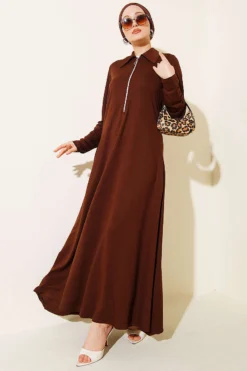 Collar Half-Zip Loa Dress Brown groothandel dress - Hicabistan Turkije fabriek