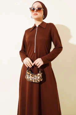 Collar Half-Zip Loa Dress Brown groothandel dress view 2 - Hicabistan Turkije fabriek