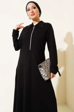 Collar Half-Zip Loa Dress Black groothandel dress view 2 - Hicabistan Turkije fabriek