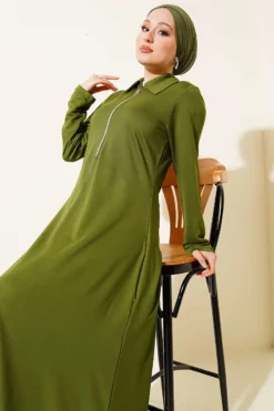 Collar Half-Zip Loa Dress Green groothandel dress view 2 - Hicabistan Turkije fabriek