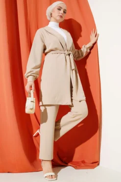 Neck Chain Tassel Two-Piece Set Beige wholesale clothing set - Hicabistan Turkey factory