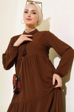 Laced Neck Tiered Dress Brown