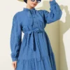 Tie-Neck Half-Button Dress Blue all'ingrosso dress view 2 - Hicabistan fabbrica Turchia