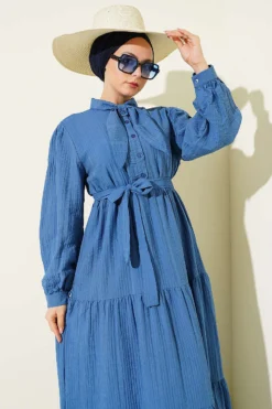 Tie-Neck Half-Button Dress Blue wholesale dress view 2 - Hicabistan Turkey factory
