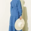 Tie-Neck Half-Button Dress Blue all'ingrosso dress view 3 - Hicabistan fabbrica Turchia