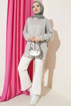 Alternative view of Floral Embroidered Collar Tunic Grey