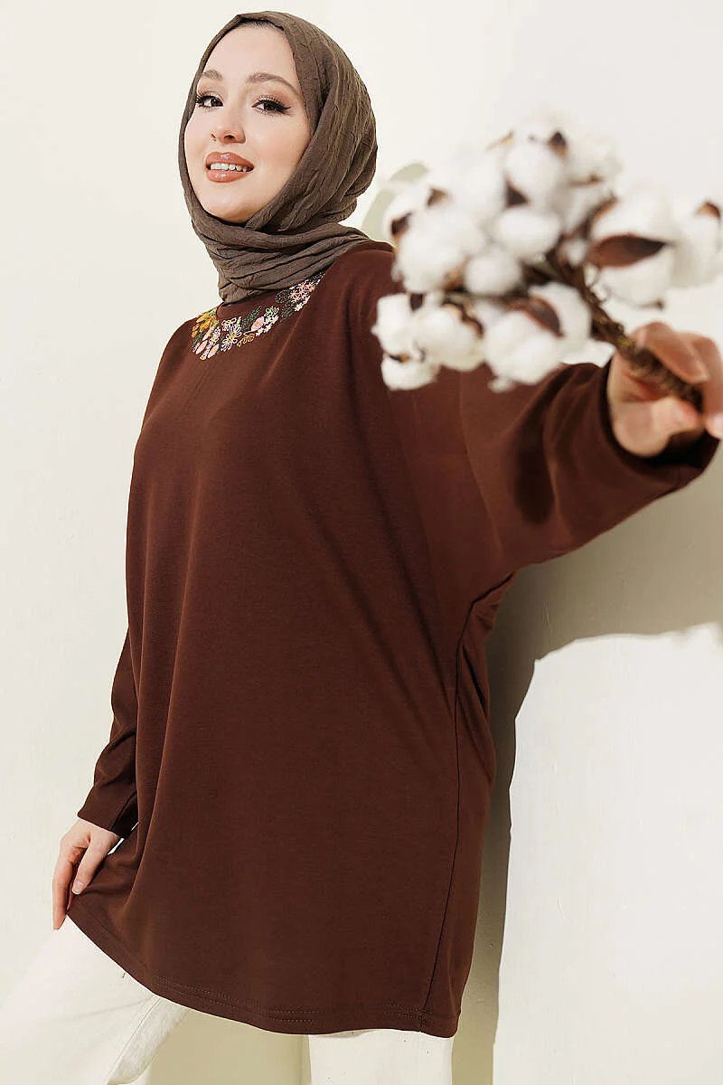 Floral Embroidered Collar Tunic Brown wholesale tunic - Hicabistan Turkey factory