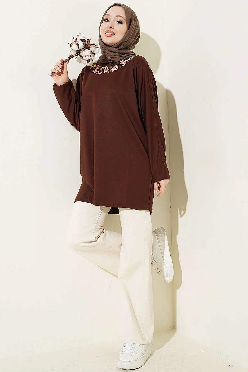 Floral Embroidered Collar Tunic Brown wholesale tunic view 2 - Hicabistan Turkey factory