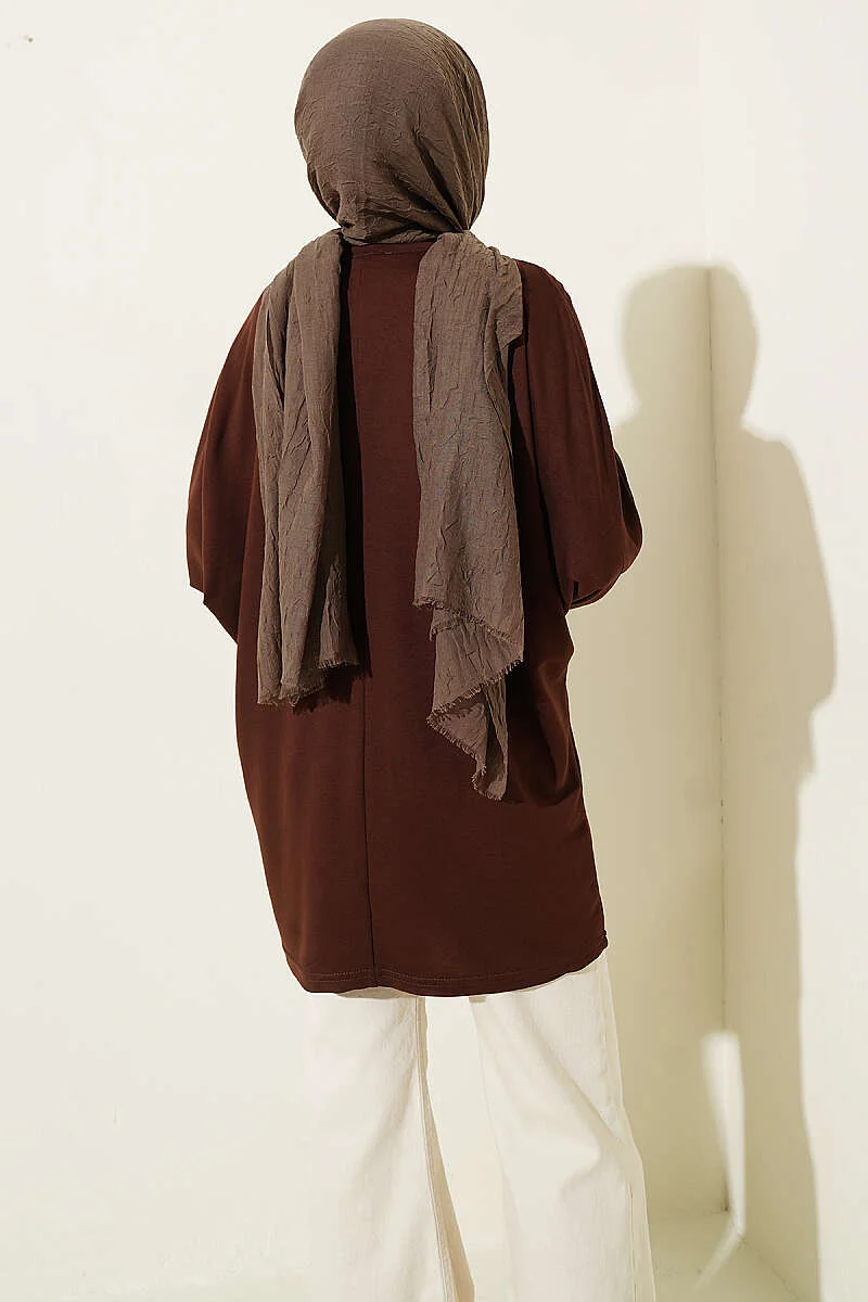 Floral Embroidered Collar Tunic Brown wholesale tunic view 3 - Hicabistan Turkey factory