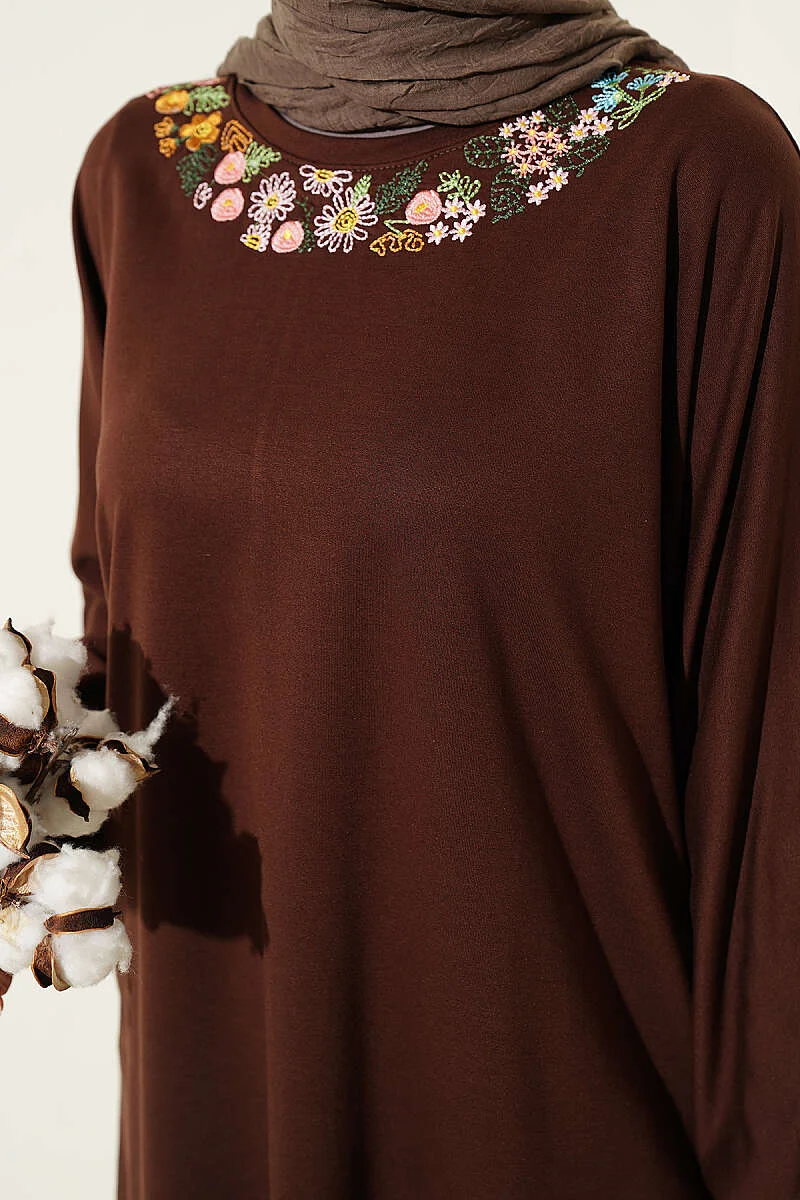 Floral Embroidered Collar Tunic Brown wholesale tunic view 4 - Hicabistan Turkey factory