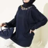 Floral Embroidered Collar Tunic Navy Blue