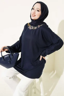Floral Embroidered Collar Tunic Navy Blue