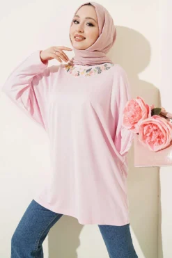 Floral Embroidered Collar Tunic Pink