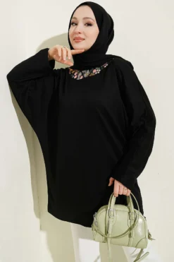 Floral Embroidered Collar Tunic Black
