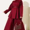 Collared Belted Poplin Two-Piece Set Burgundy