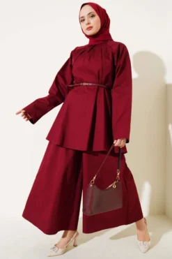 Collared Belted Poplin Two-Piece Set Burgundy